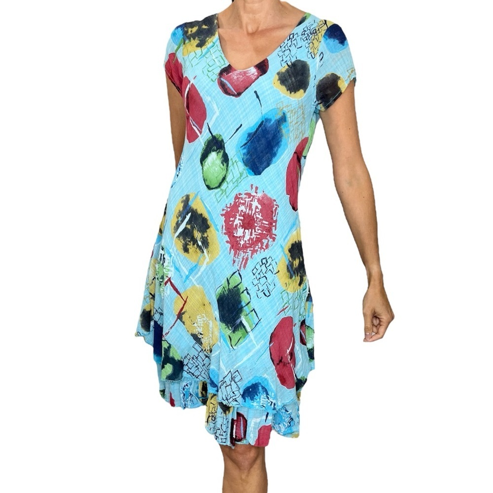 Frocella Italy aquamarine blue fruit print cotton knee length summer dress OS